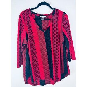 Nygard Red Black Textured‎ Mesh Tunic Top 2X V-Neck Stretch Blouse